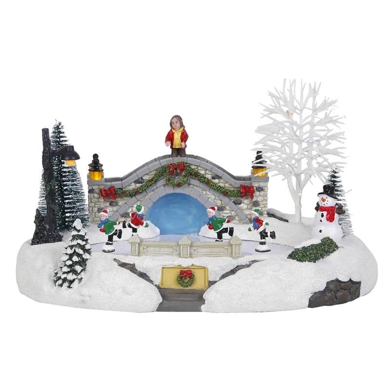 Animated Christmas Village Skating Scene Collection Building Figurines Lights Ice Skating Rink Decoration Accessory Musical USB