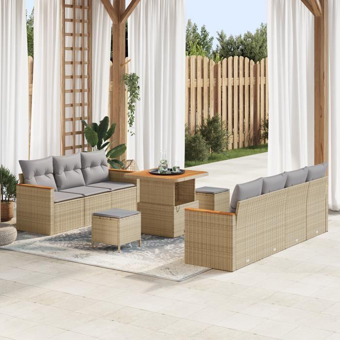 Ensemble de canapé de jardin 10 pièces avec coussins Beige Poly Rattan Acacia, Ensemble de salle à manger jardin 3 pièces 3364957