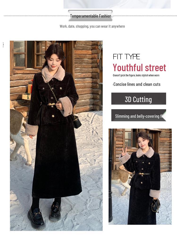 2025 Winter Women's Plus Size Slimming Fur Collar Jacket & Belted Skirt Set