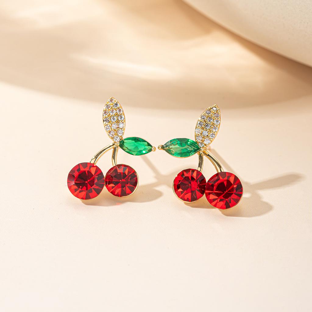 Green Leaf Red Cherry Stud Earrings for Women Earring Jewelry Gift