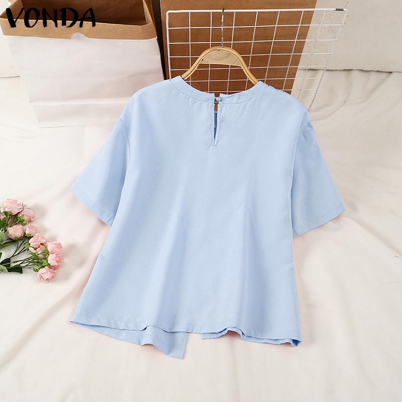 VONDA Women Summer Round Neck Short Sleeve Pearl Decorated Blouses