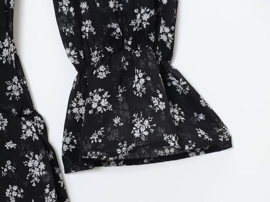 2025 Autumn/Winter European Women's Waist-Cinching Printed Long-Sleeve Dress