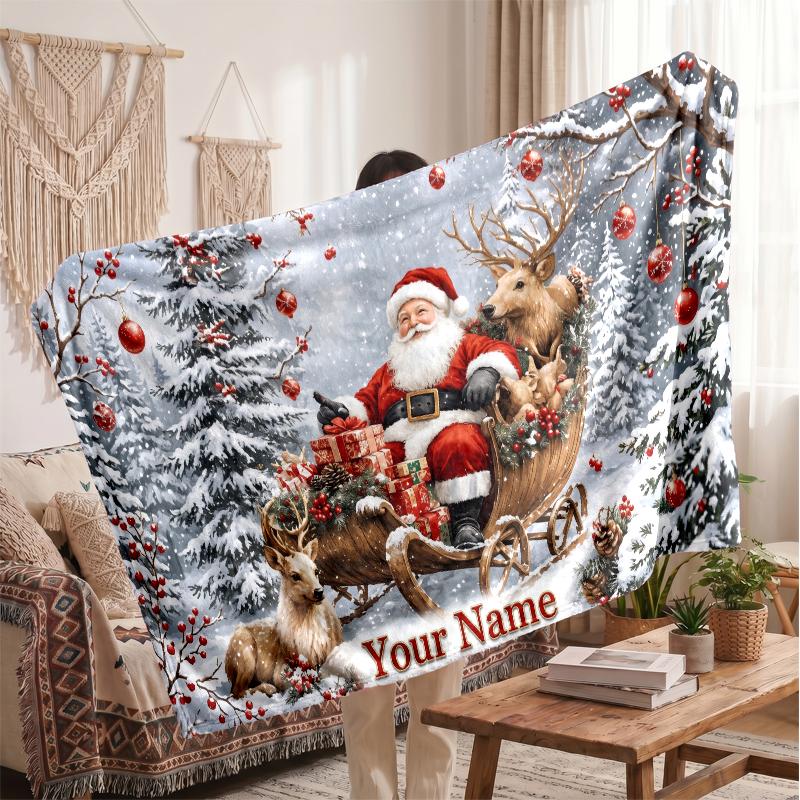 Christmas Custom Name Printed Flannel Blanket Warm Comfort Bed Throw Home Decor Holiday Gift
