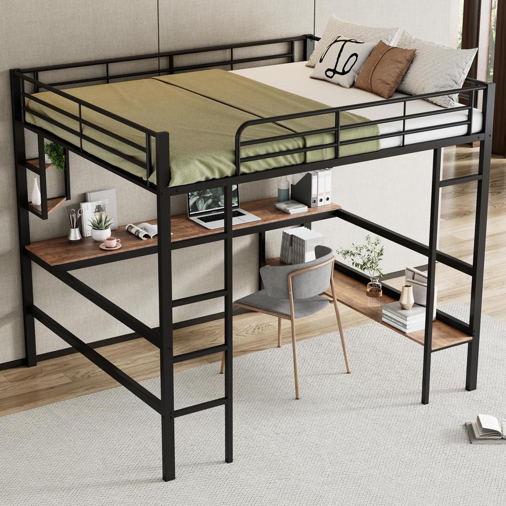 Hochbett 140x200 Schreibtisch, 4 kleine Regale, großes Bücherregal, Metallbettgestell Lattenrost (ohne Matratze) Kinder/Erwachsene, Schwarz