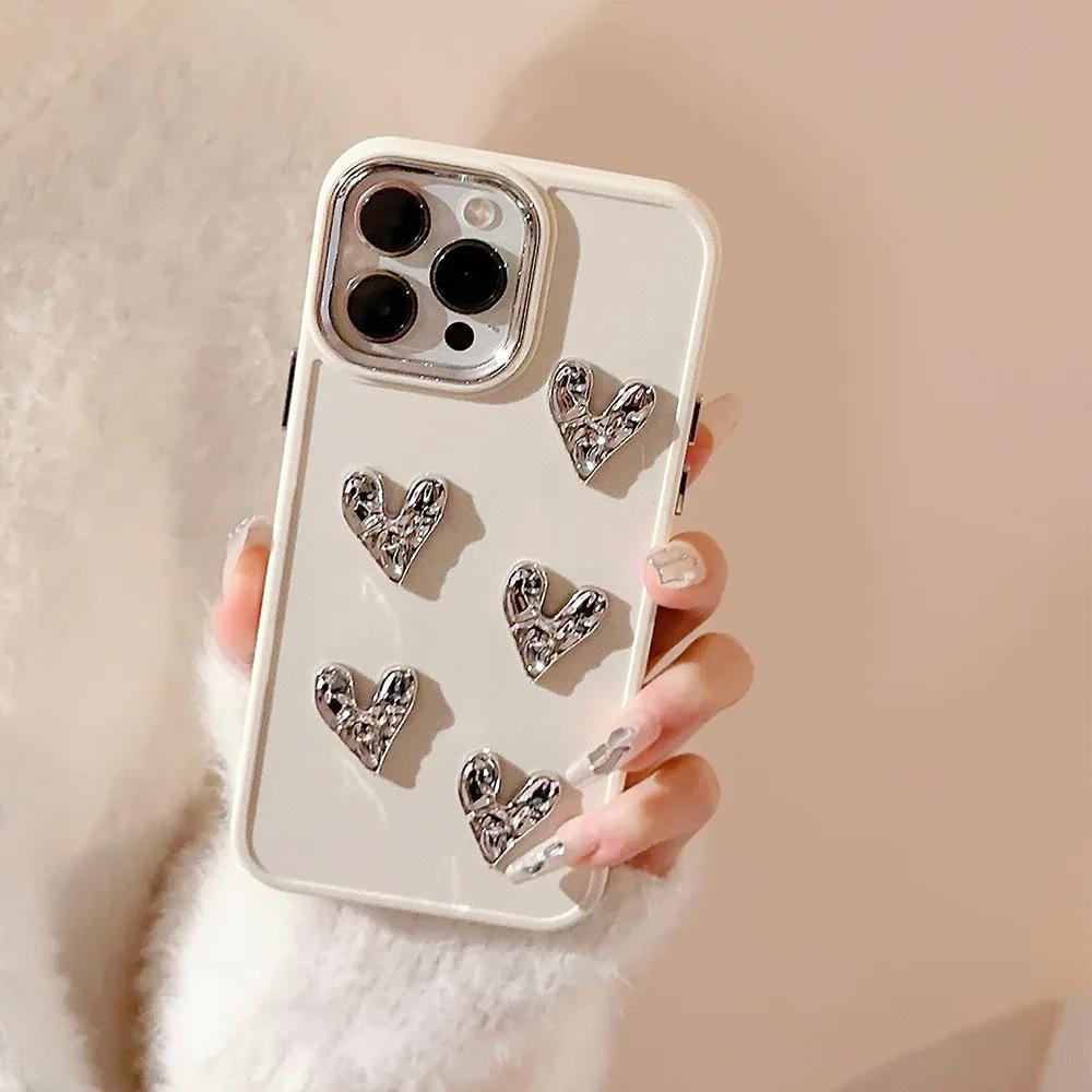 Luxury Plating Wrinkle Love Heart Phone Case For iPhone 16 15 14 13 12 11 Pro Max X XS XR 8 7 Plus SE 2026 Bumper Silicone Cover