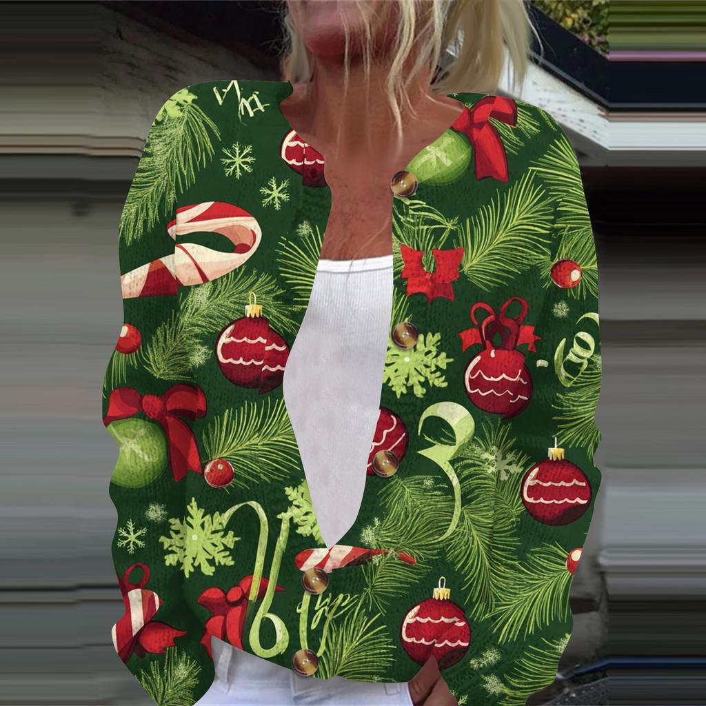 Women's Fashion Printed Long Sleeve Knitted Cardigan Button Down Jacket