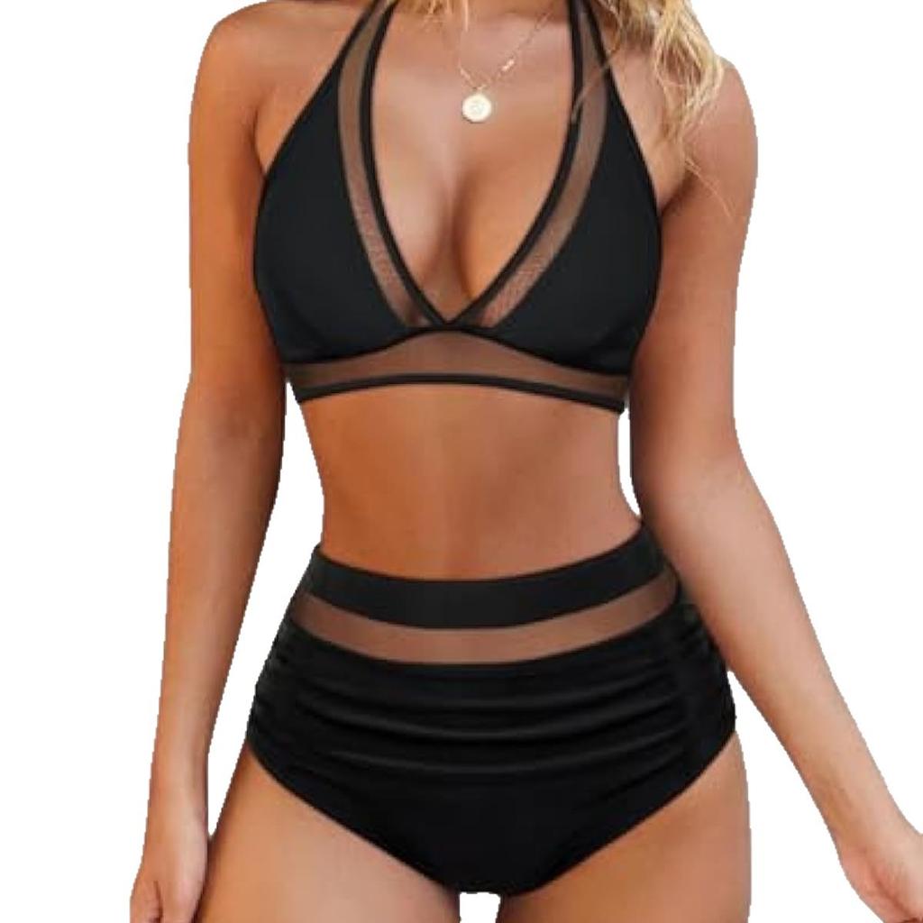 European and American black mesh splicing neck bikini women's high waist to cover their belly and look thin split swimsuit vacation beach swimsuit