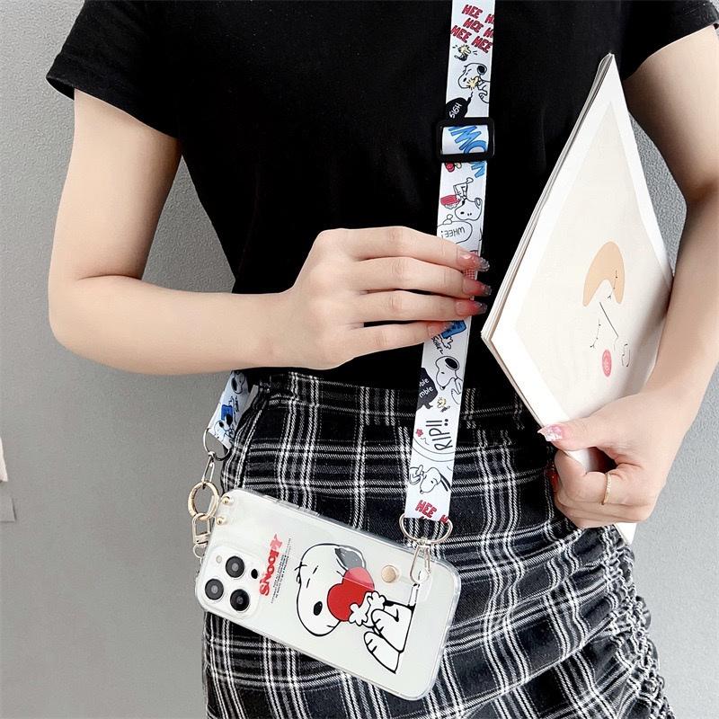 Cute Cartoon Snoopy 3D Love Heart Lanyard Wrist Strap Stand Clear TPU Phone Case For iPhone 11 12 13 14 15 16 Pro Max Plus Cover