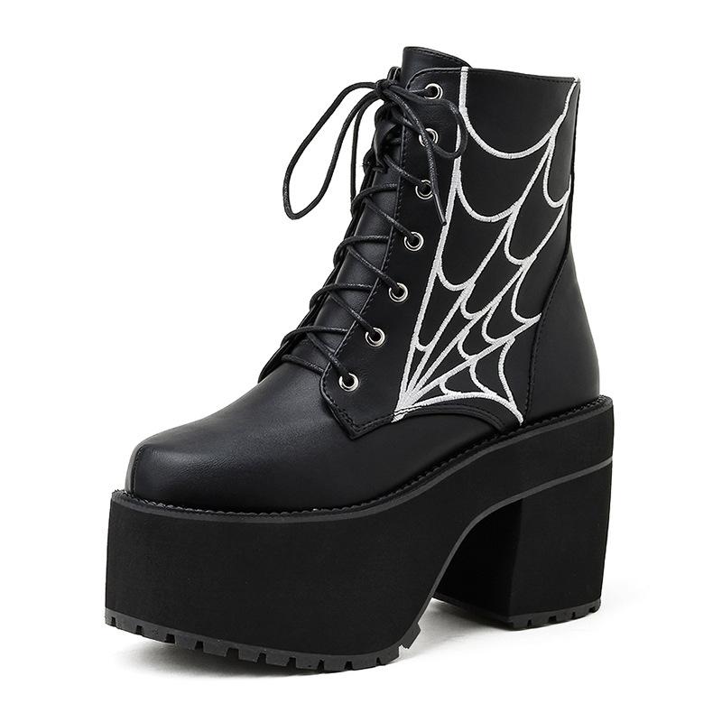 

Qiuxin этнический стиль ретро короткие сапоги женские ботинки Martin толстый каблук толстая подошва вышитая паутина женская обувь большого размера 35 чёрный