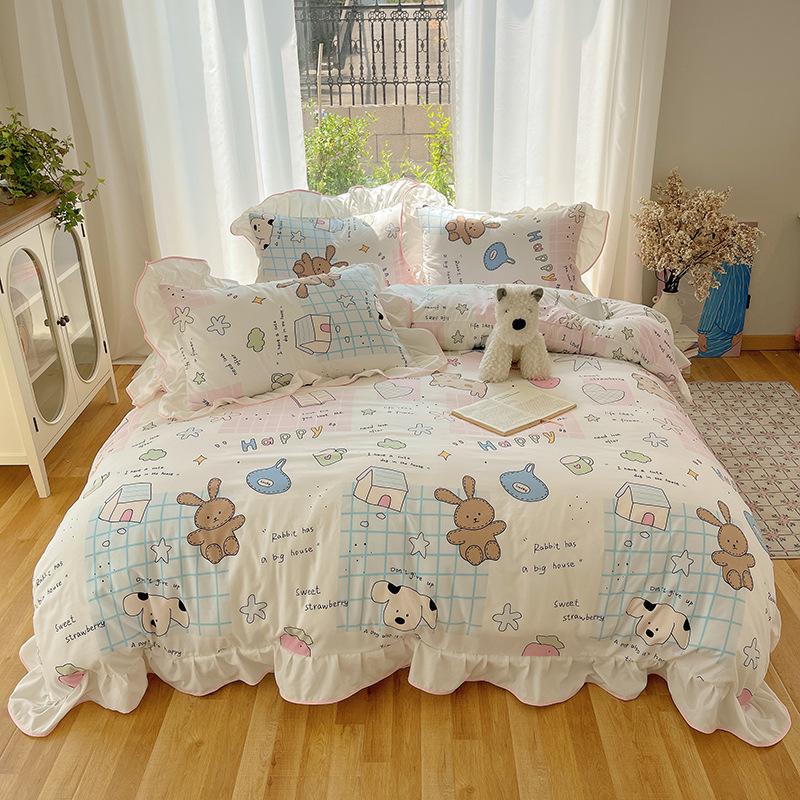 

Girl Style Printed Bedding Set with Lace Washed Cotton Contrasting Korean Comforter Sets Non Pilling Bed Linens for Summer 0.9-1.2m 3pcs set