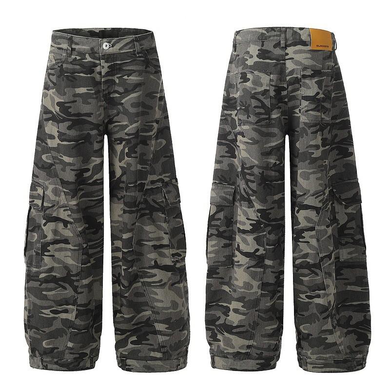 Camouflage Cargo Wide Leg Pants Men Women Loose Fit Streetwear Straight Cut Casual Trousers