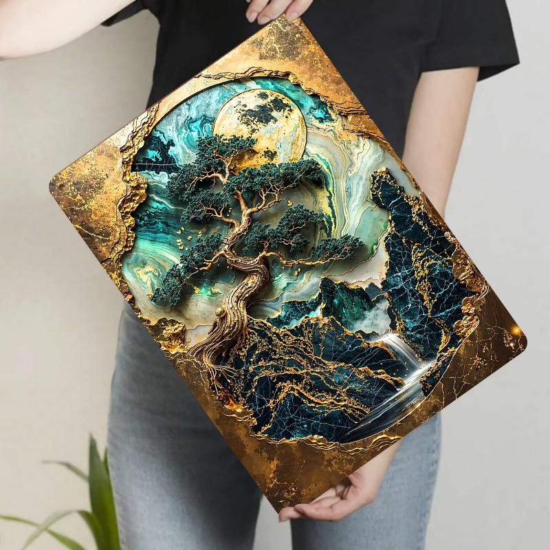 

Zen Style Metal Wall Art Chinese Pine Tree Moon Waterfall Living RoomDecor Painting 20x30cm（7.8x11.8inch）