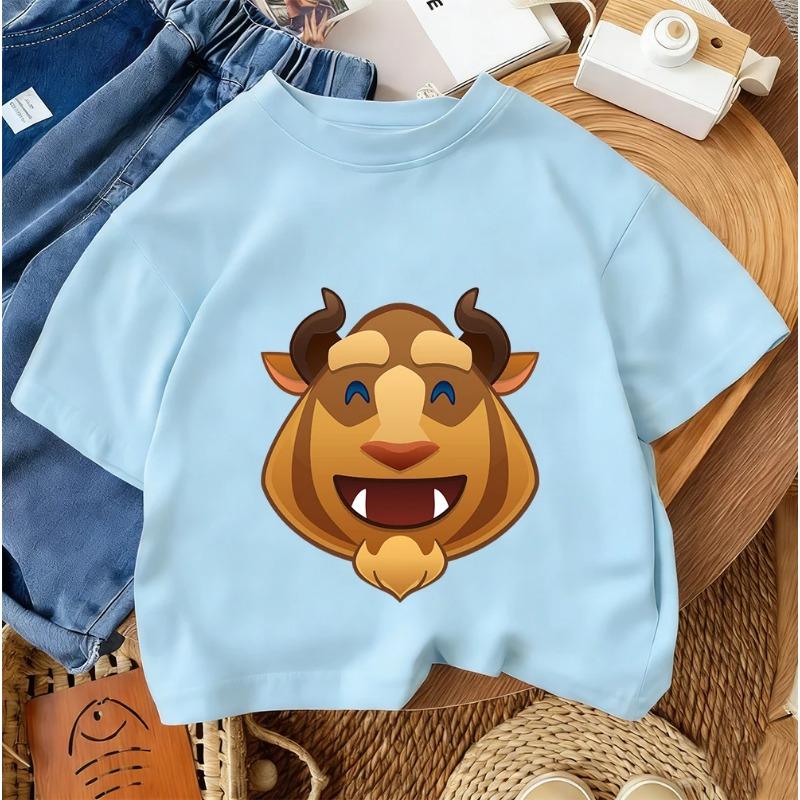 Summer Casual Everyday Children's Crew Neck T-shirt with Cute Beauty and the Beast Cartoon Print