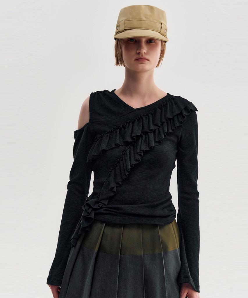 Kimjisu Diagonal Ruffle Jersey Top _ Black