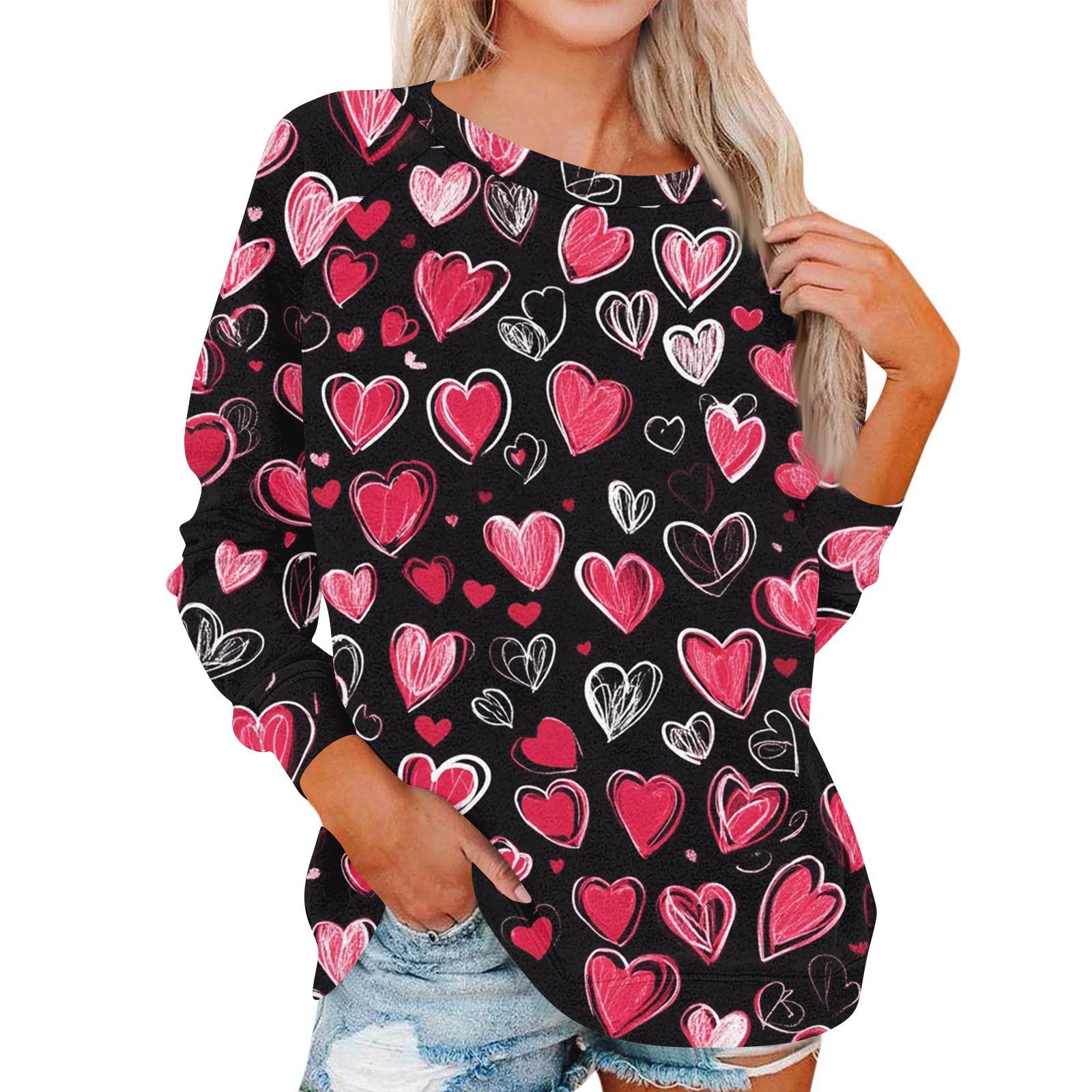 

Women s Fashionable Round Neck Shoulder Long Sleeved Valentine s Day Printed Casual Pullover Top XL