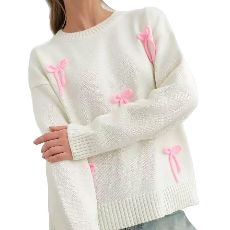European and American women's clothing white sweet wind pink three-dimensional bow round neck pullover sweater knitted sweater customization