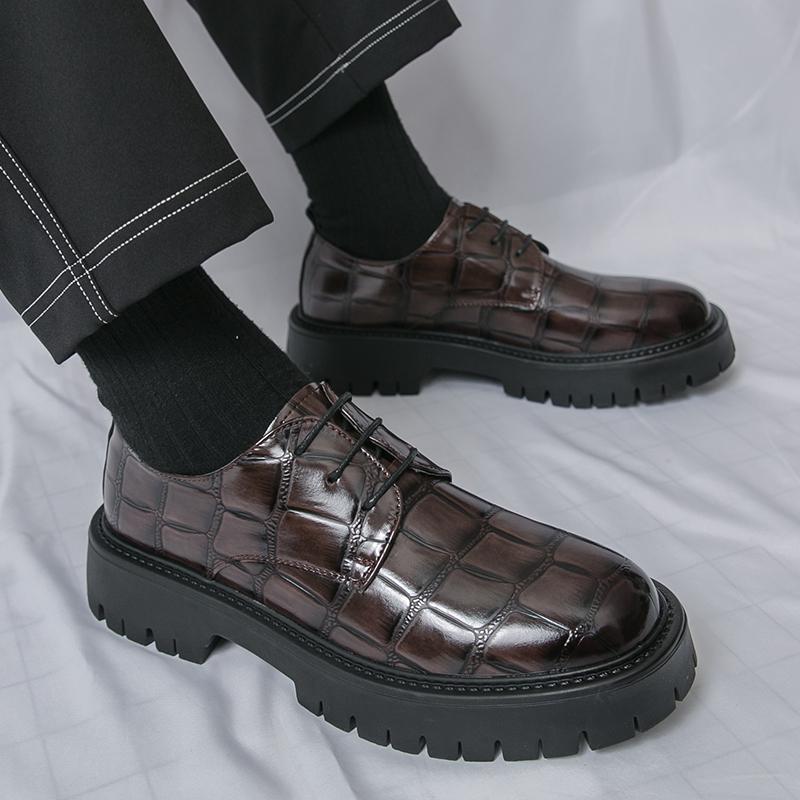 Fashion Retro Checkered Derby Shoes Man Platform Leather Casual Shoes For Men Big Size Lace Up Thick Bottom Heightening Business Shoes