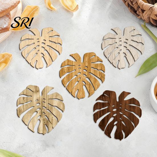 Summer Style Coaster 5Pcs Tropical Leaf Coasters Wooden Drink Mats for Kitchen Bar Table Protection Monstera Shape Heat-Resistant Mat Rustic