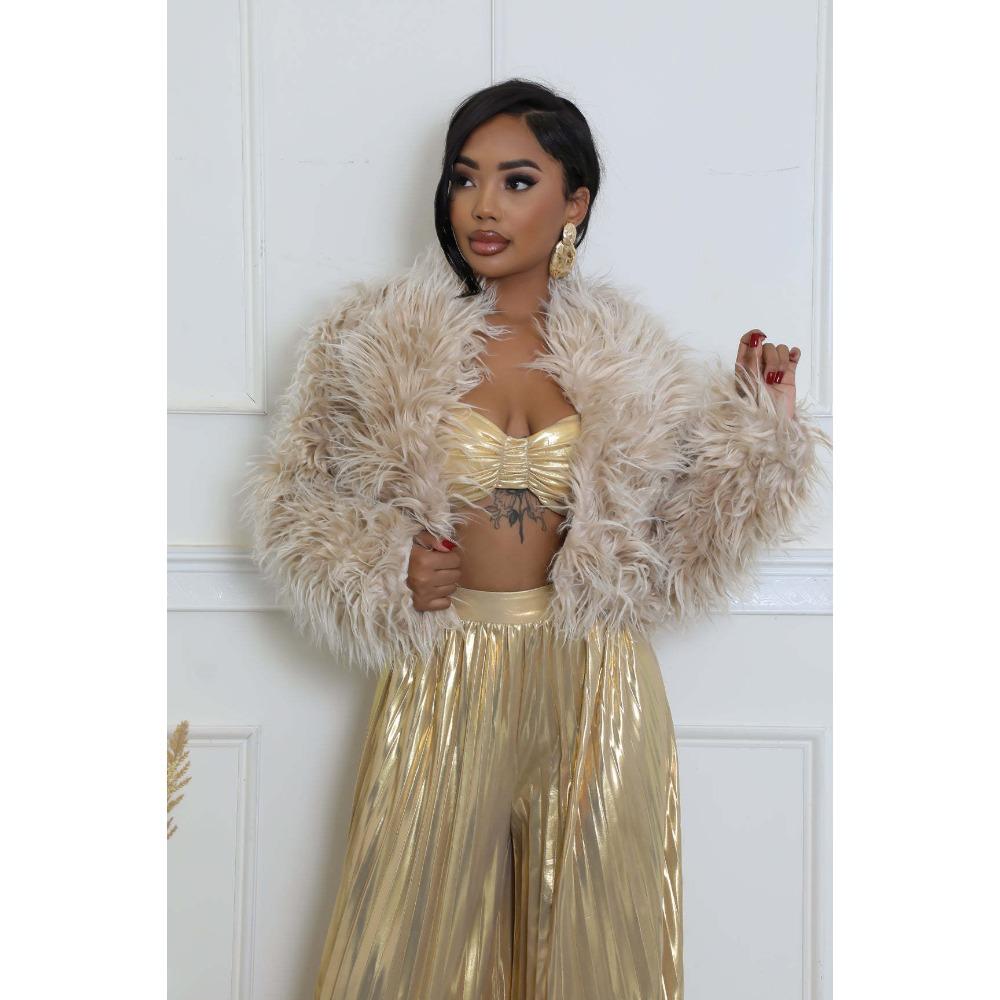 Damen Offene Faux Fur Cropped Jacke Locker Langarm Einfarbig Flauschiger Kurzer Mantel Streetwear
