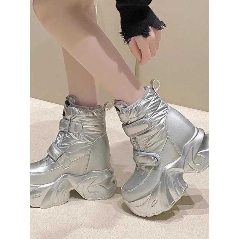 Winter Women's Fur Snow Boots Keep Warm Chunky Short Boots Outdoor Plush Mid-calf Shoes 9CM Platform Anti-skid Leather Sneakers