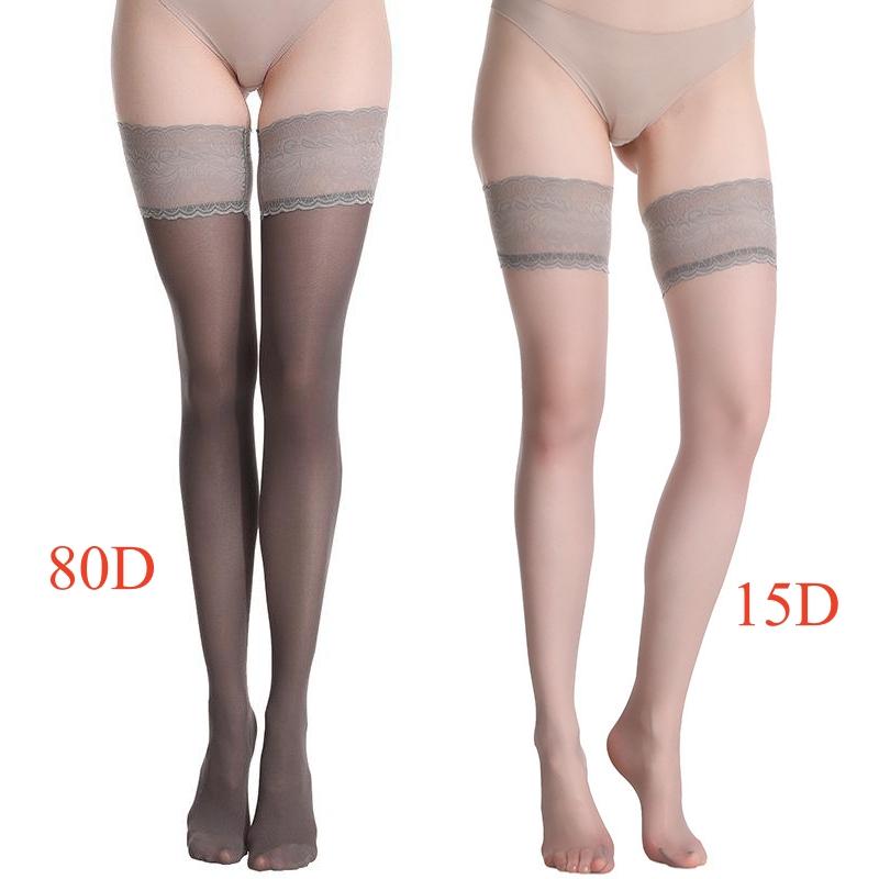 Women Sexy Lace Top Silicone Hold Up Thigh High Stockings 15D Thin Transparent Summer Party Medias 80D Velvet Autumn Leg Warmers