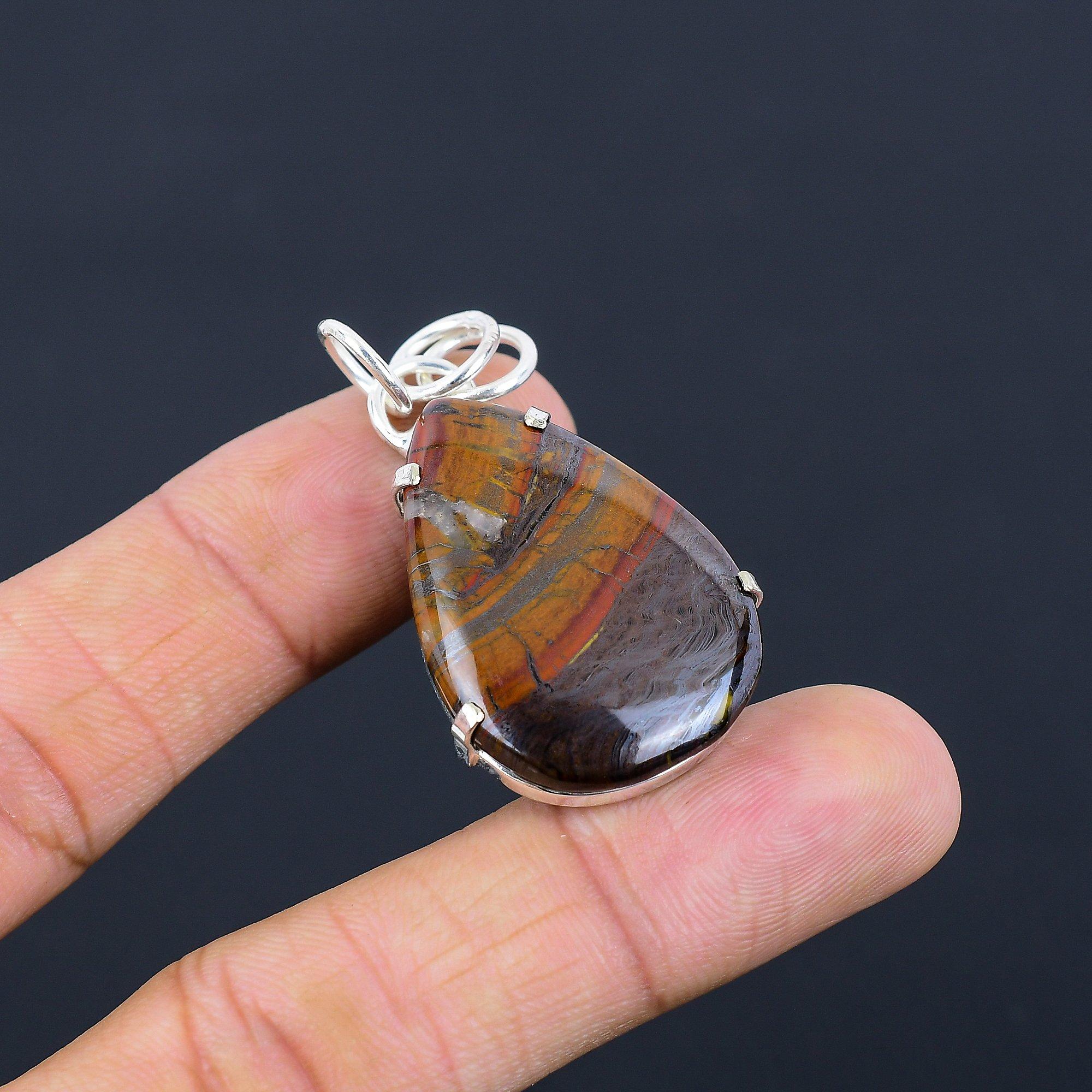 

Sterling Silver Pear Iron Tiger Eye Gemstone Mother Handcrafted Elegant Pendant