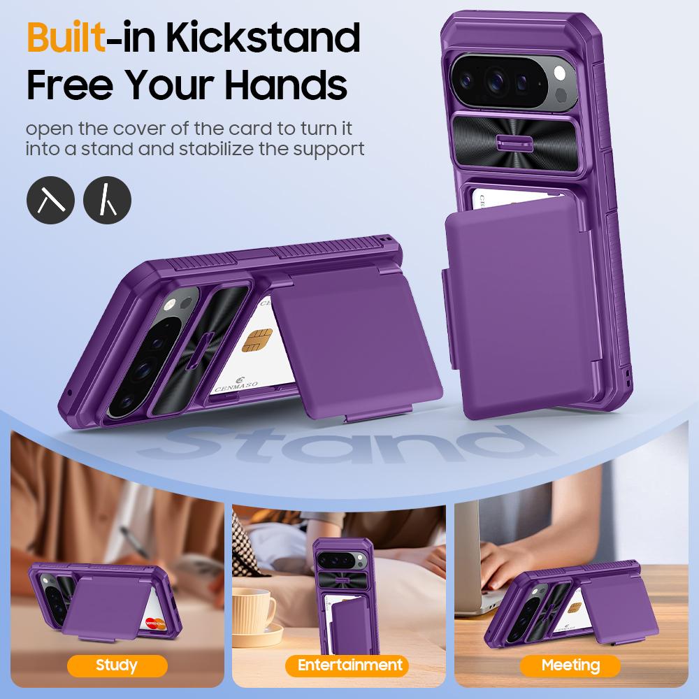 With Card Holder Sliding Camera Cover And Stand For Google Pixel 10 Pro XL Phone Case, Anti-Fall PC+TPU Wallet Case-Purple