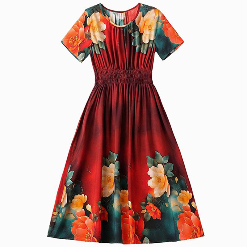 Elegantes Damenkleid Sommer Vintage Kleidung Lässig Kurzarm Lange Kleider