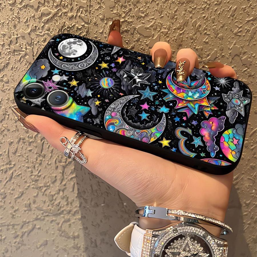 Case for iPhone 7 8 15 16 14 Plus XR 13 12 11 17 Pro Max 17Air XS Max Black Soft Phone Cover Star Moon Pattern
