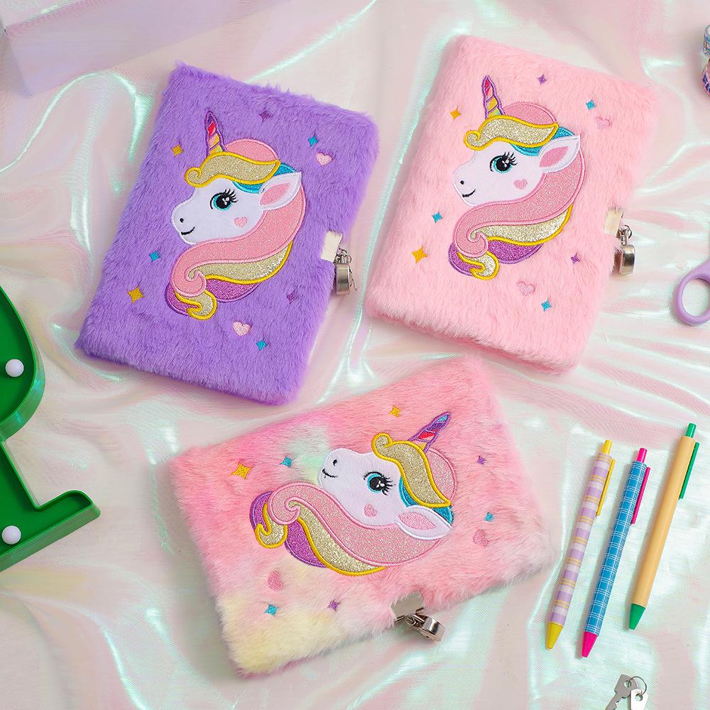 2025 Unicorn A5 Plush Diary with Lock - Cute Cartoon Kids' Writing Notebook