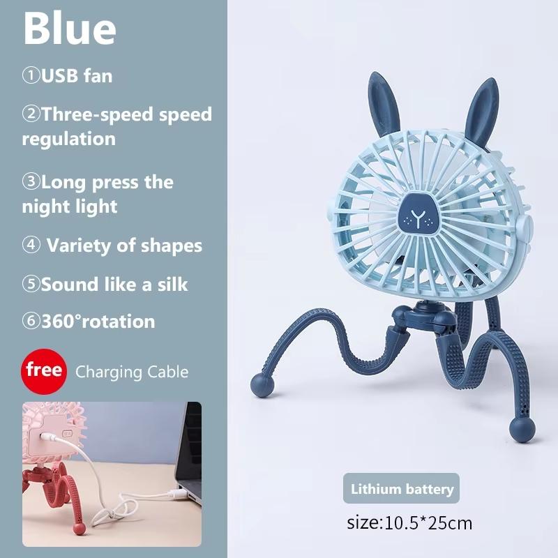 Baby Stroller Cooling Fan Portable Handheld Fan 360° Rotate Flexible Tripod Rechargeable for Bed Car Seat Travel Easter Bunny