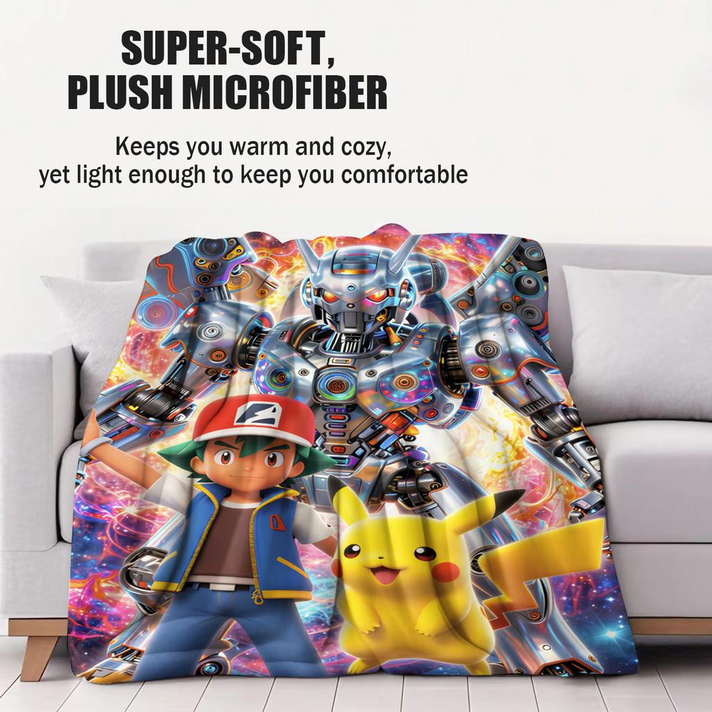 Pokemon Burst Glow PikachuAsh Print Flannel Throw Blanket for Adult Quality Cozy Soft Warm Blanket for Travel Office Home