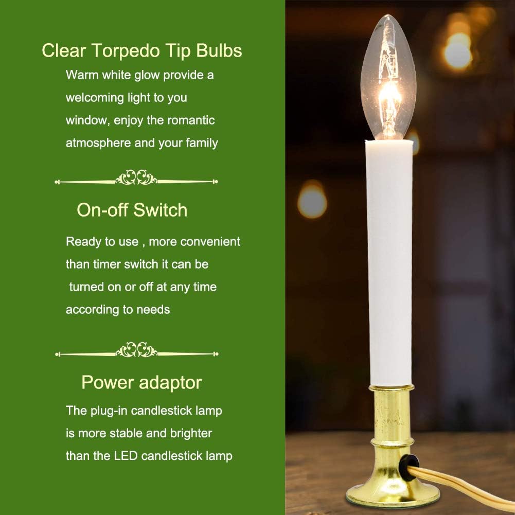 GOOTHY Electric Window Candles Lights with Golden Plated Base, Plug in Christmas Window Candles Lamp with C26 Clear Lights Bulb, Turn On/Off, 4 Pack