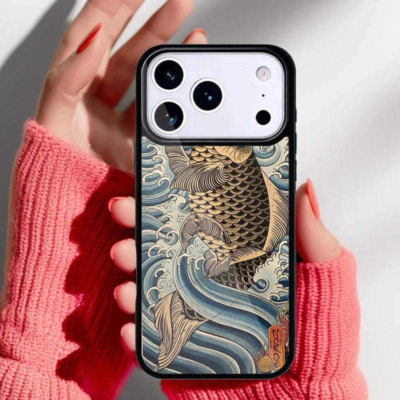 Carp Waves Crane and Brocade Pattern Phone Case for iPhone 17 16 15 14 13 Pro Max Back Cover for 12 11 Pro Coque iPhone 16e