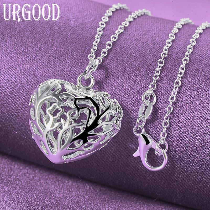925 Sterling Silver Hollow Heart Ball Pendant Necklace Jewelry