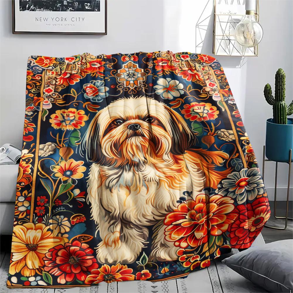 1Pc Floral Dog Print Flannel Blanket, High quality Comfortable for All Seasons, Home Decor, Warmth and Comfort, Perfect for Christmas Gifts