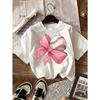 Kids Baseball Crewneck Tee, White Base Cute Pink Bow & Baseball Print Casual Daily Short Sleeve Top
