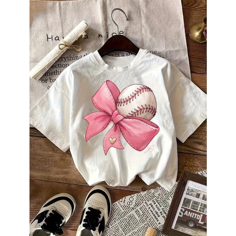 Kids Baseball Crewneck Tee, White Base Cute Pink Bow & Baseball Print Casual Daily Short Sleeve Top