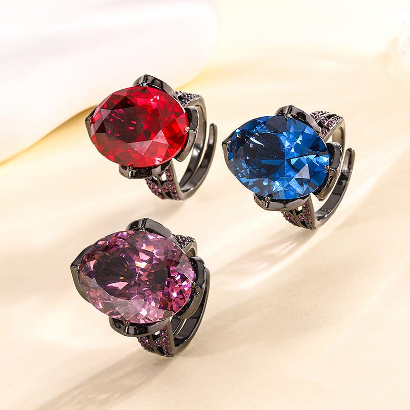 Jewelry Copper Bottom Gold-Plated Simulation Corundum Egg-Shaped Black Gold Light Luxury Ring Women 15 * 20