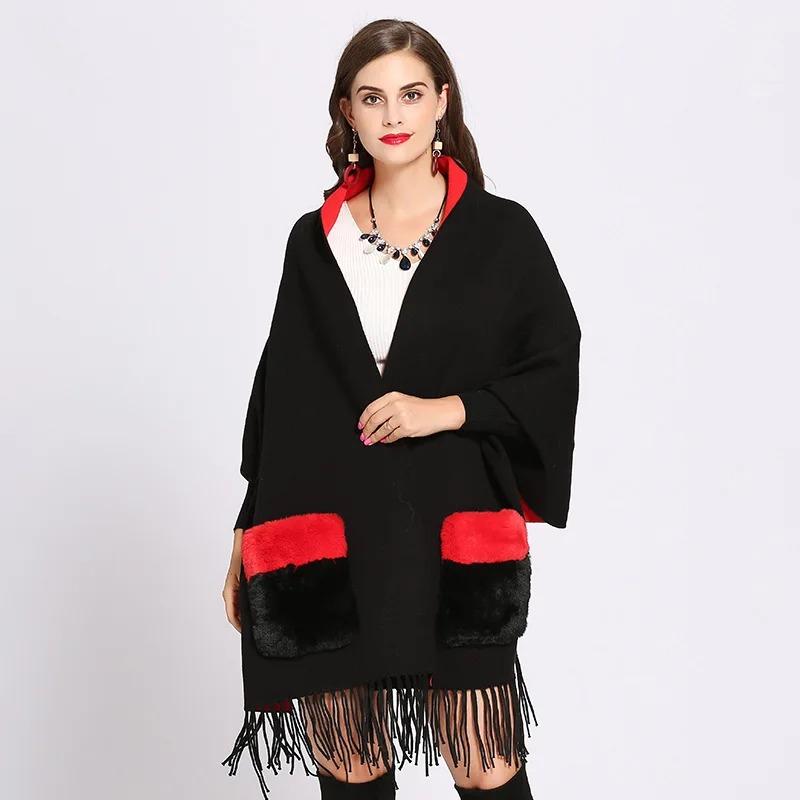 Winter Faux Cashmere Poncho Loose Streetwear Women Batwing Sleeve Shawl Capes Fur Pocket Female Oversize Tassel Knitted Cloak