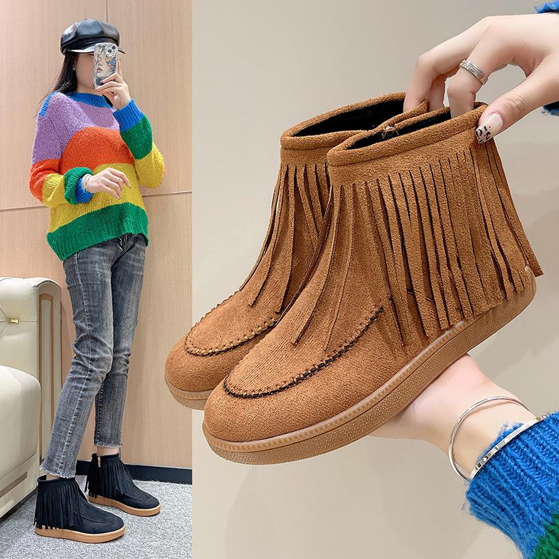 

Autumn and winter large size flat-bottomed fringed boots short tube round head suede short boots women s outside 36 чорний