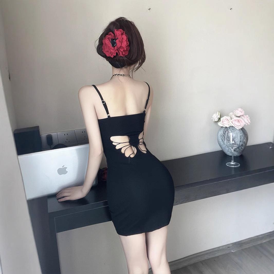 

Sweet & Spicy Butterfly Backless Bodycon Dress - Petite Summer Mini with Waist-Hugging Spaghetti Straps Large чорний