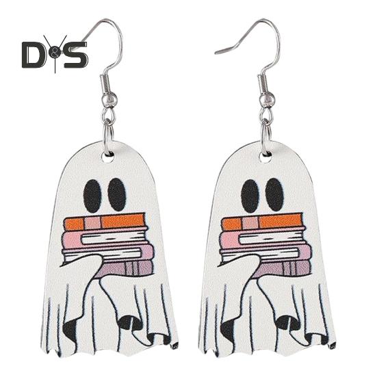 Halloween Ghost Earrings Wood Ghost Holding Book Earrings Halloween Party Jewelry for Women Makeup And Everyday Wear