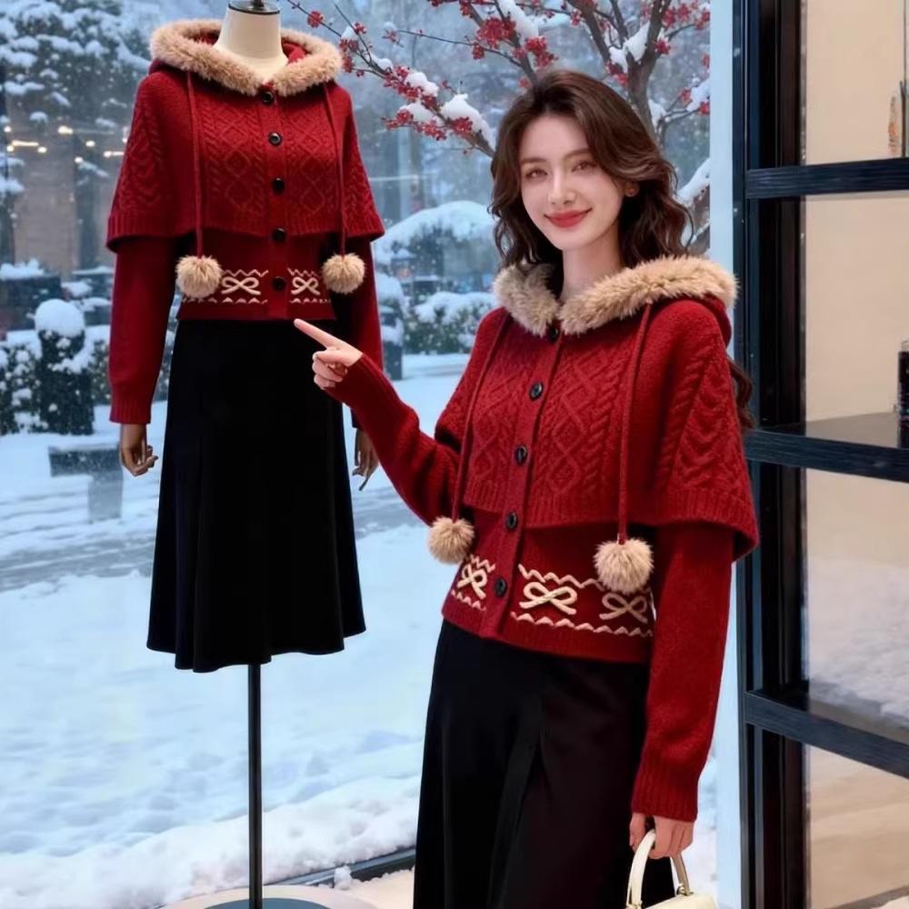 Women's Winter Designer Knit Cardigan with Fur Collar and Half-Skirt Set – Chic and Stylish