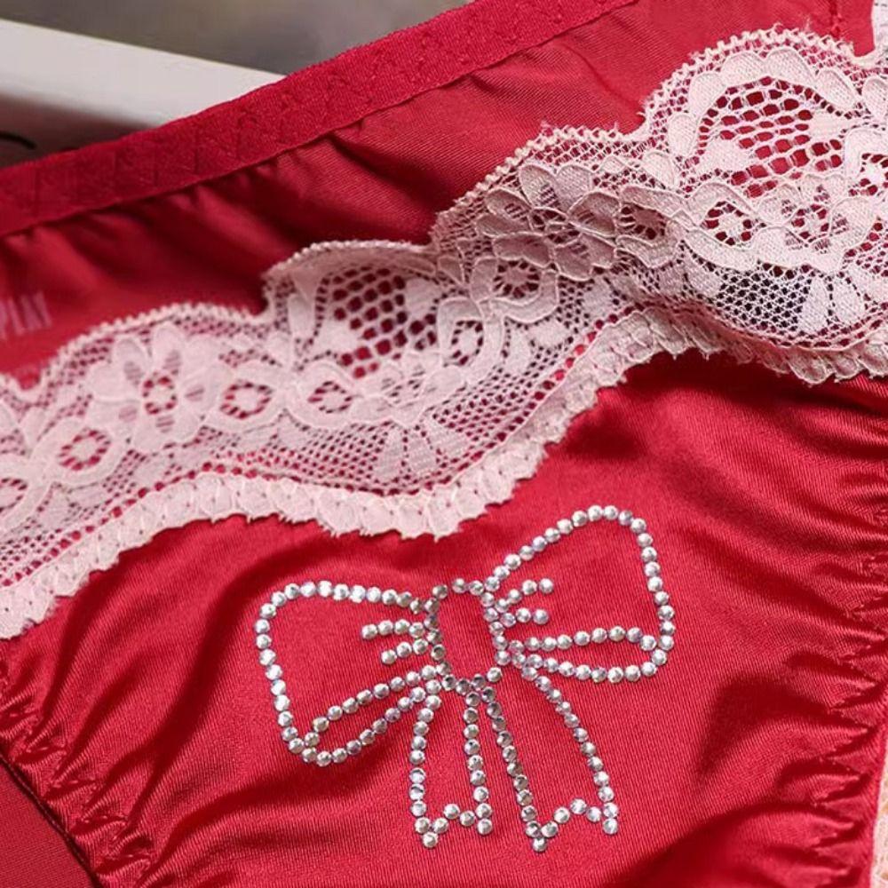 Crystal Bow Rhinestone Satin Panties Ice Silk Lace Briefs for Women Sweet Lace Tie Panties  Girl