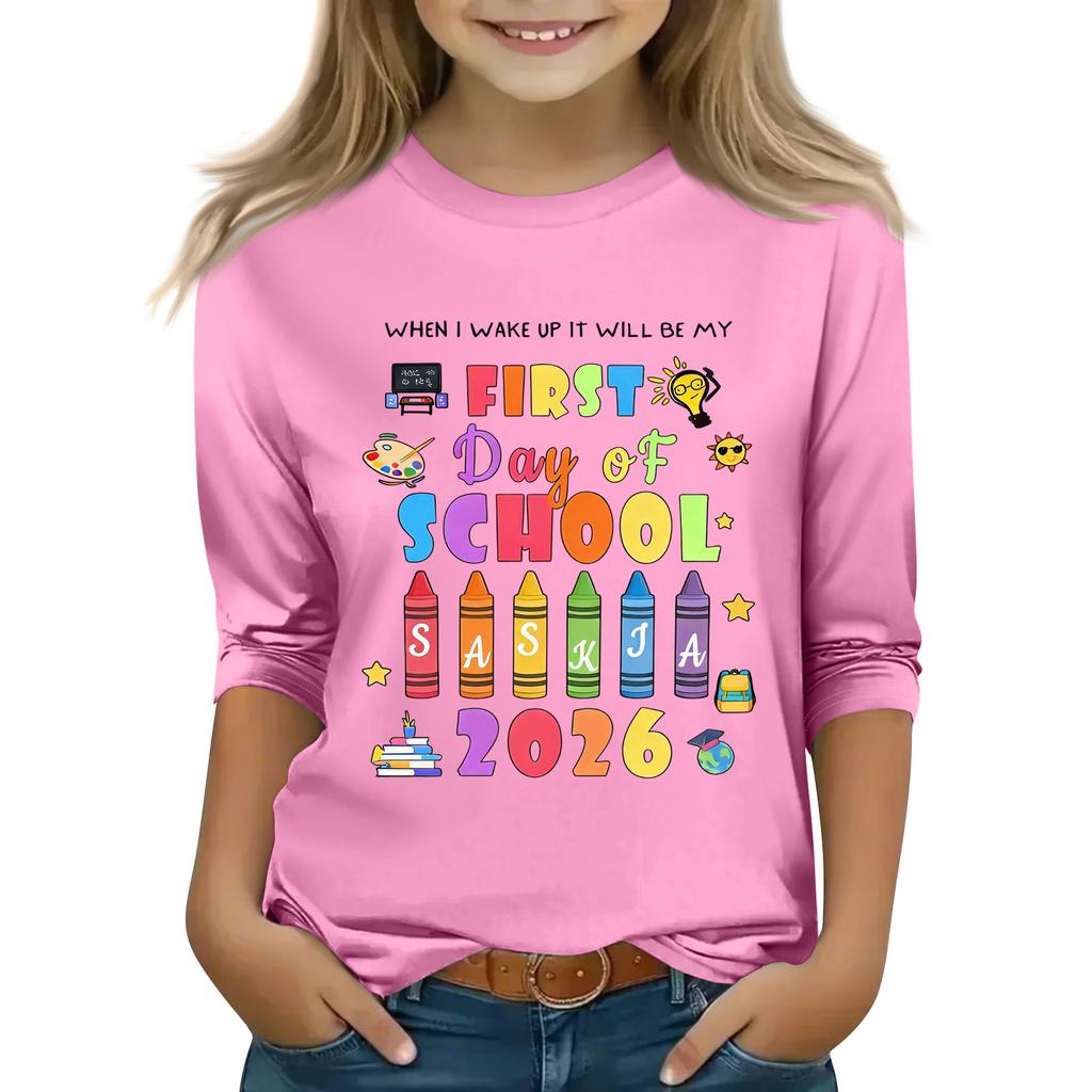 Kids Printed Three-Quarter Sleeve Round Neck Top for Back To School Casual Wear