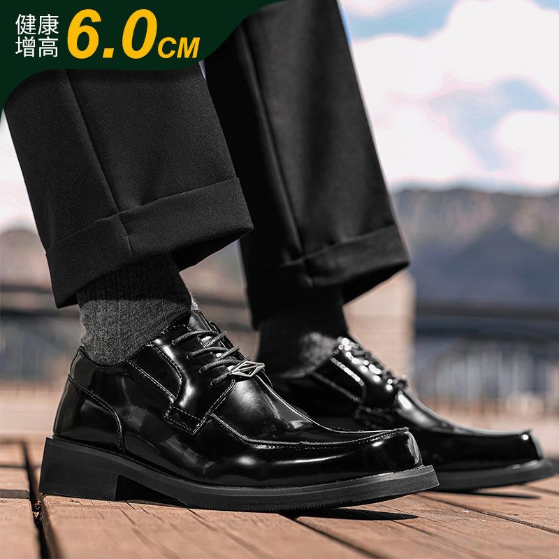 

Patent leather glossy platform business British style leather shoes men s square head heightening trendy niche casual groom wedding shoes men 44