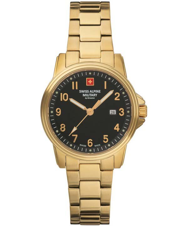 

Swiss Alpine Military Leader Женские часы из нержавеющей стали золотистого тона с черным циферблатом, кварцевые 7711.1117 100М чёрный