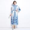 Frühling Herbst Damen Vintage Print Blau und Weiß Porzellan Laufsteg Kleider Langarm Einreiher Lang Maxi Party Hemdkleid