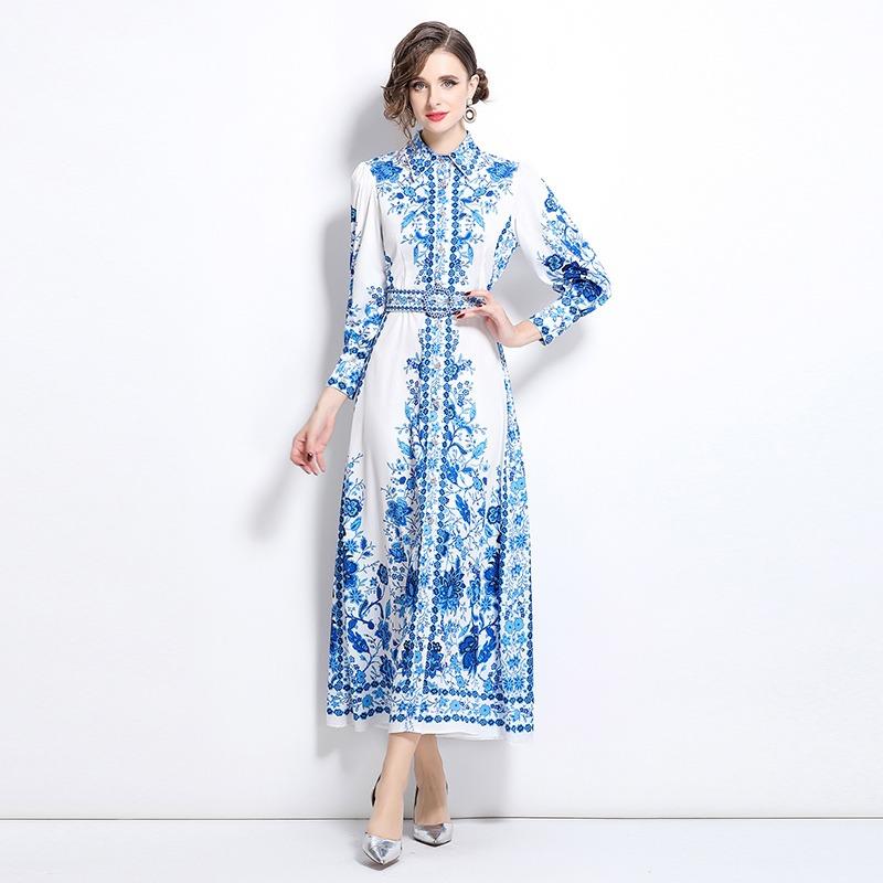 Frühling Herbst Damen Vintage Print Blau und Weiß Porzellan Laufsteg Kleider Langarm Einreiher Lang Maxi Party Hemdkleid